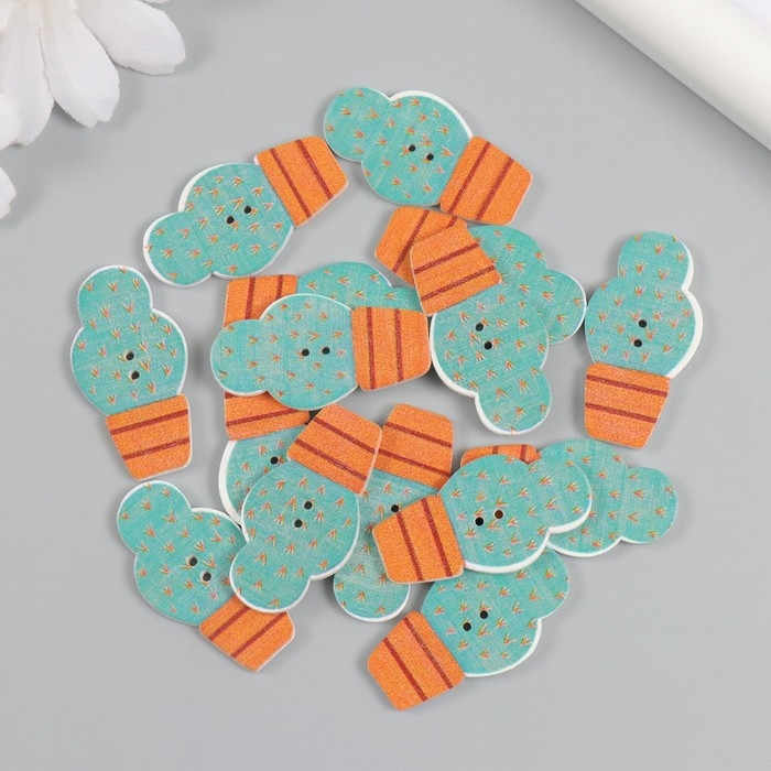 Пуговицы дерево для творчества 2 прокола "Кактус в горшке" набор 15 шт 1,9х3,3 см