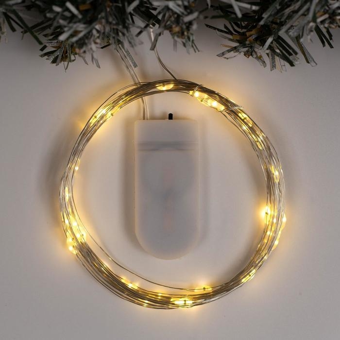 Гирлянда &laquo;Нить&raquo; 5 м роса, IP20, серебристая нить, 50 LED, батарейки CR2032х2 (в комплекте), свечение тёплое белое