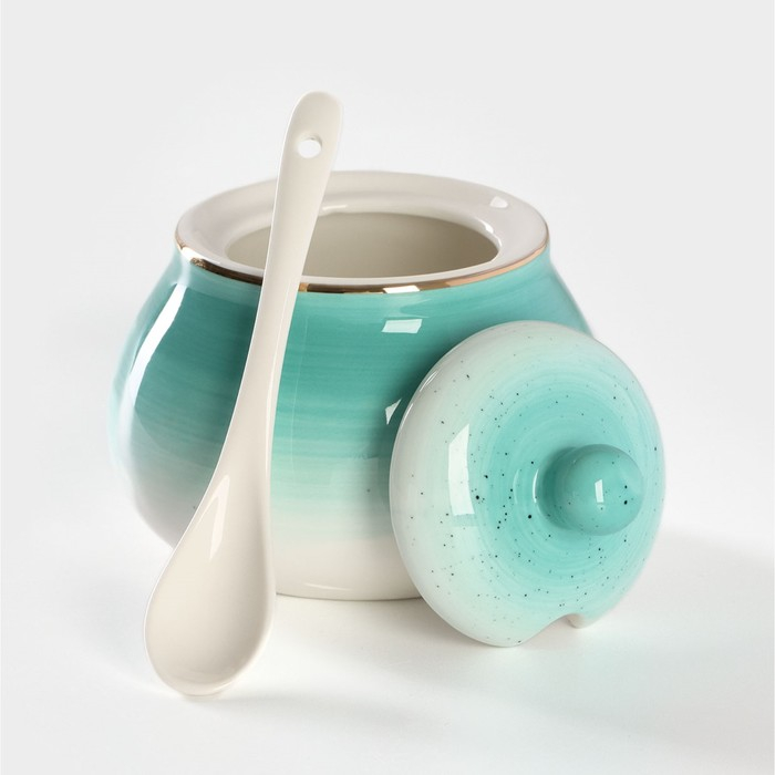 Сахарница фарфоровая с ложкой Доляна &laquo;Млечный путь&raquo;, 330 мл, цвет бирюзовый