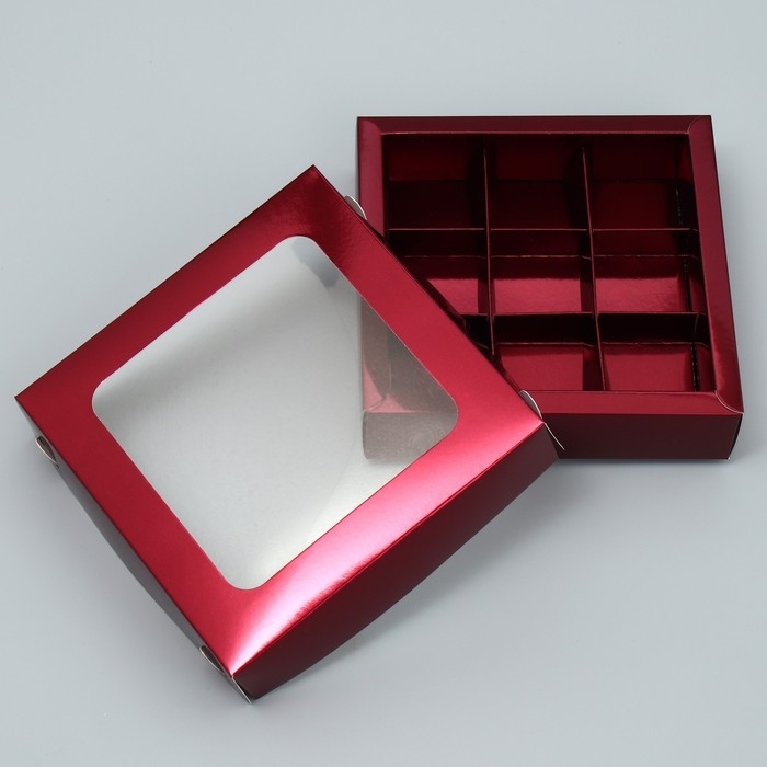 Коробка для конфет, кондитерская упаковка, 9 ячеек, &laquo;Бордовая&raquo;, 14.7 х 14.7 х 3.5 см