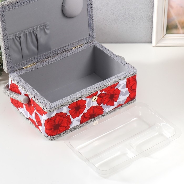 Шкатулка для рукоделия "Красные маки на белом" 24х16х11 см