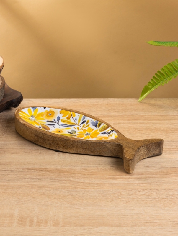 Блюдо в форме рыбки "Желтые и синие цветы" дерево манго 25,5х10х2 см
