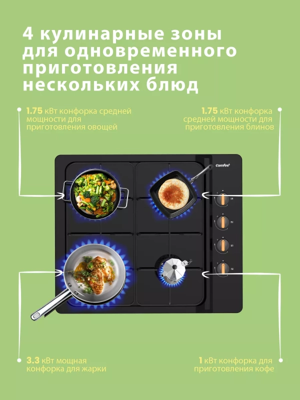 Газовая варочная панель CGH600B, 60 см, черная эмаль