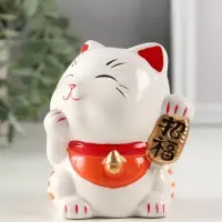 Копилка керамика "Манэки-нэко - иероглиф удача" оранж 7,2х8,3х10 см