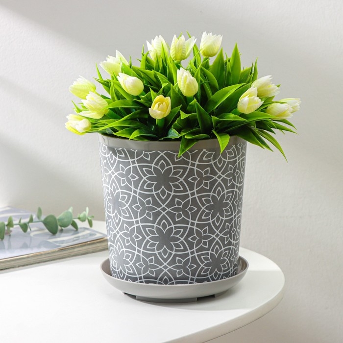 Горшок для цветов с поддоном Доляна &laquo;Кракле&raquo;, 1,6 л, d=14 см, h=15,5 см, пластиковый, цвет серый