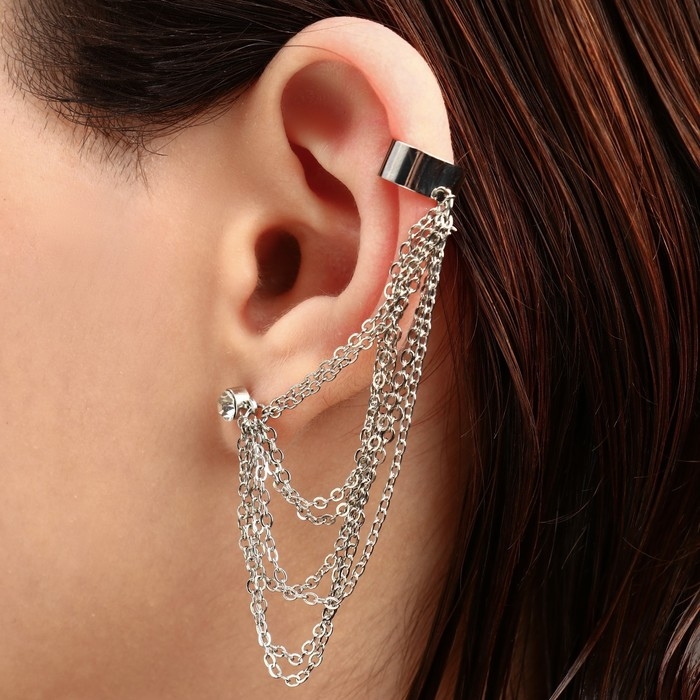 Серьга &laquo;Кафф&raquo; восемь цепочек, цвет серебро