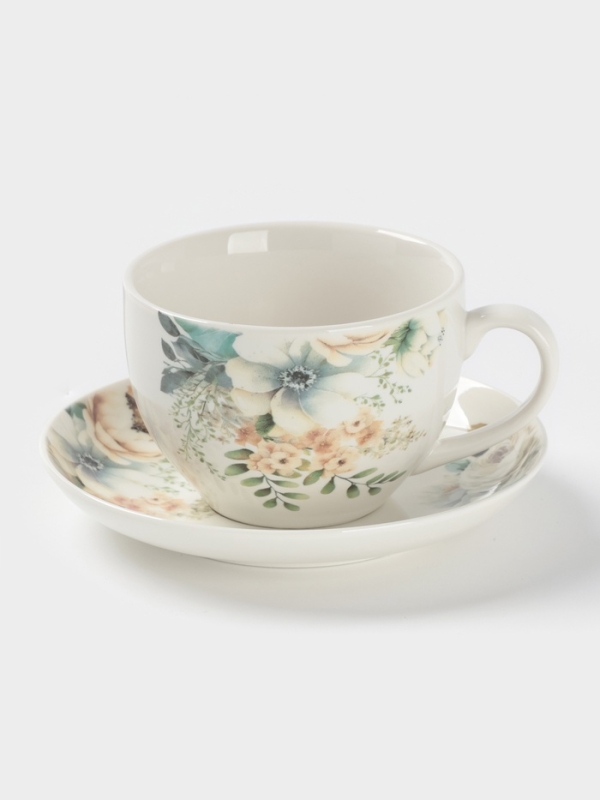 Чайная пара Доляна "Цветы" цвет белый  чашка 250 мл, блюдце 15 см