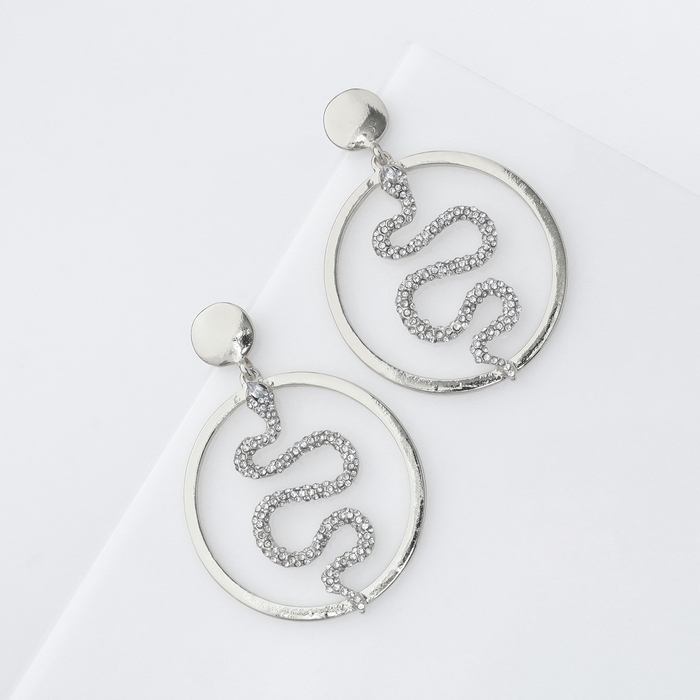 Новый год! Символ года 2025! Серьги со стразами &laquo;Змея&raquo; обаятельность, круг, цвет белый в серебре