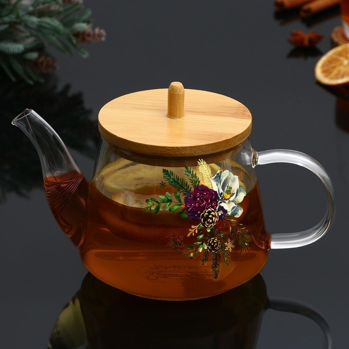 Новый год. Чайник заварочный стеклянный с бамбуковой крышкой &laquo;Зимние истории&raquo;, 600 мл