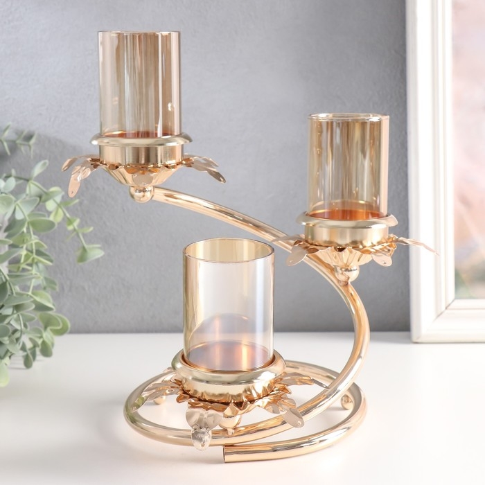 Подсвечник металл, стекло на 3 свечи "Ветвь с листиками" d-5 см золото 15х15х23,5 см