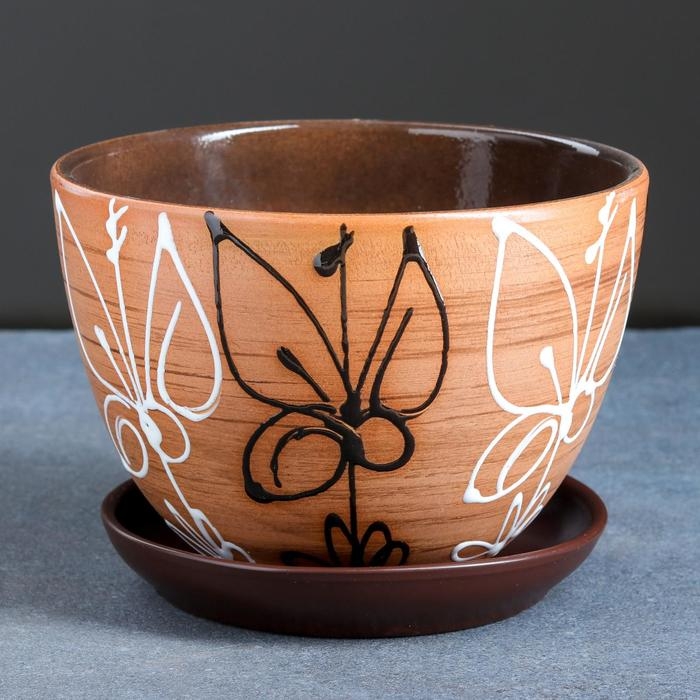 Горшок для цветов &laquo;Витраж&raquo;, 1.65 л, d=17 см, h=13 см, керамический, с поддоном, коричневый