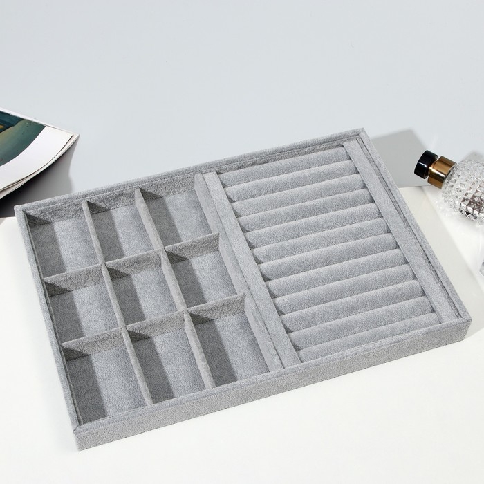 Подставка для украшений 9 ячеек и 11 полос для колец, флок, 35&times;24&times;3 см, цвет серый