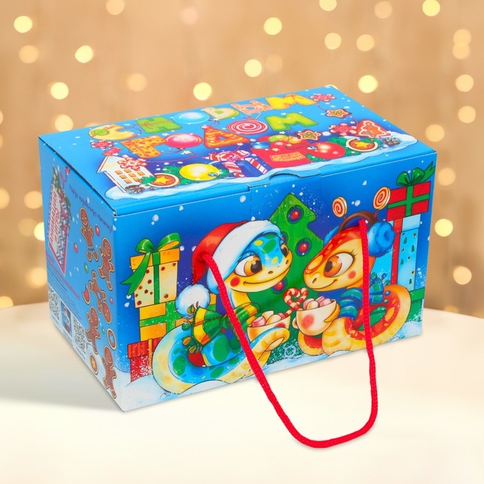 Новый год. Подарочная коробка Новогодняя Посылка "Змеята" с веревочными ручками с анимацией 20 x12 см.