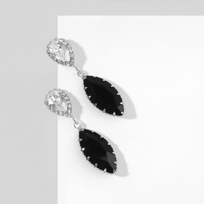 Серьги со стразами &laquo;Эдем&raquo; миндаль, цвет бело-чёрный в серебре