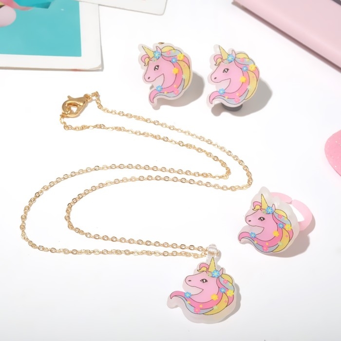 Набор детский &laquo;Выбражулька&raquo; 3 предмета: клипсы, браслет, кольцо, единорог, цветной в золоте