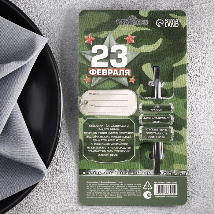 Ложка чайная с гравировкой с 23 Февраля &laquo;Владимир&raquo;, 3 х 14 см.