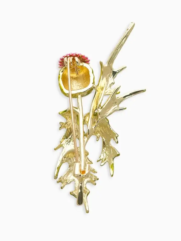 Брошь "Чертополох" растение, зелёно-розовый в золоте