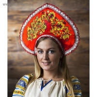 Кокошник &laquo;Хохлома принт&raquo;, красный атлас, ленты МИКС