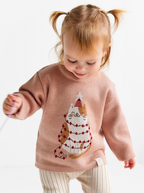 Джемпер вязаный новогодний Крошка Я "Зимний котик" рост 80-86 см, цвет розовый