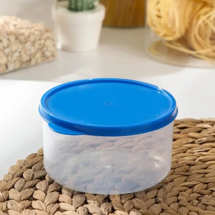 Контейнер круглый Доляна, пищевой, 500 мл, прозрачный, крышка синяя