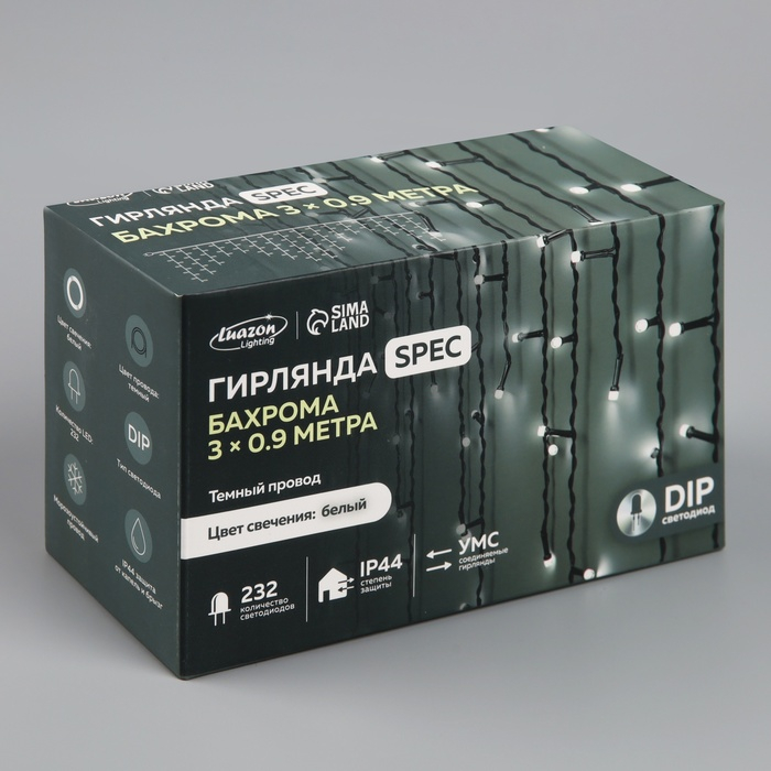 Гирлянда «Бахрома» 3 × 0.9 м, IP44, УМС, тёмная нить, 232 LED, свечение белое, 220 В Гирлянда «Бахрома» 3 × 0.9 м, IP44, УМС, тёмная нить, 232 LED, свечение белое, 220 В