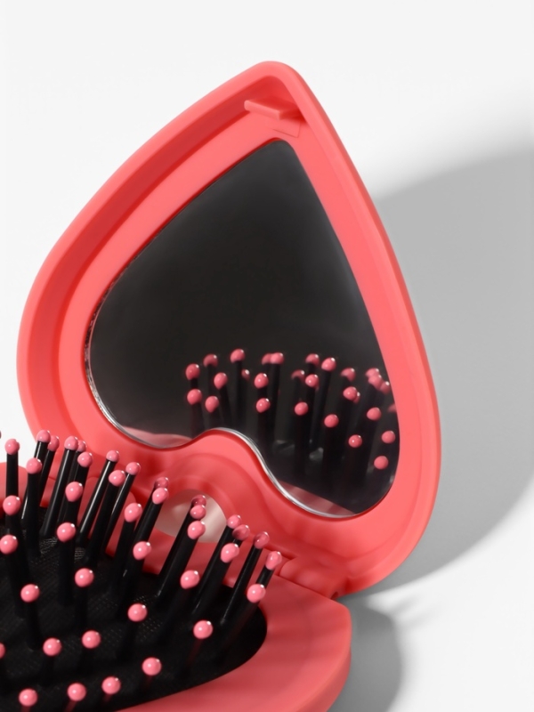 Расчёска массажная &laquo;Сердце&raquo;, складная, с зеркалом, 8&times;2.5 см, матовая, розовая