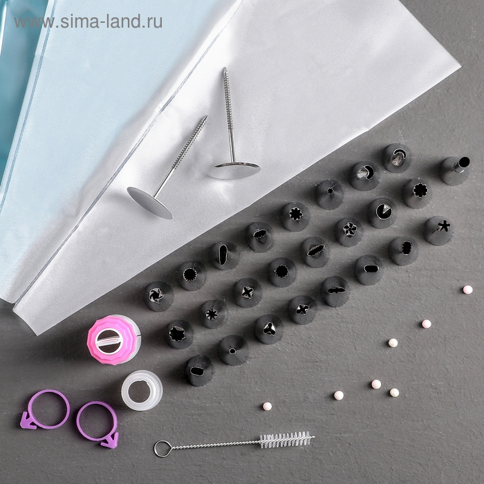 Набор кондитерский, 34 предмета: 26 насадок d=1,7, h=3 см, 2 адаптера, 2 гвоздя 3&times;6,5, 2 зажима