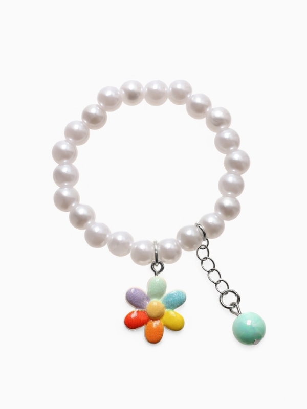 Браслет детский "Выбражулька" бусина на цепочке и цветок, жемчуг, цветной