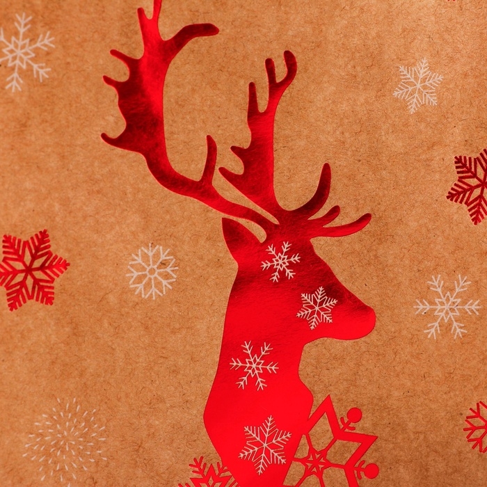 Пакет крафт с тиснением, круглая ручка, Пакет крафт с тиснением, круглая ручка, "Олень" 33 х 25 х 12 см, 120 г