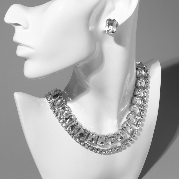 Набор 2 предмета; серьги, колье &laquo;Сияй&raquo; крупные стразы, цвет белый в серебре