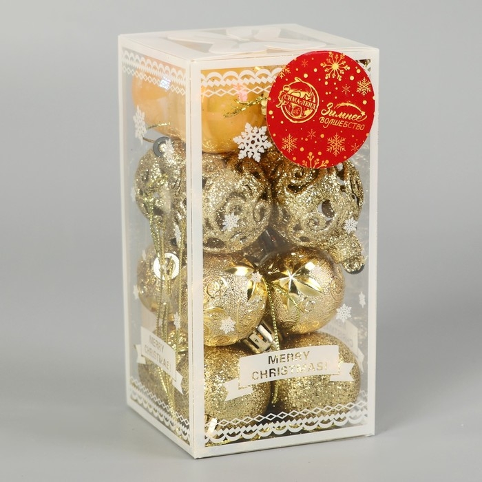 Набор шаров пластик d-4 см, 16 шт "Мелодия" орнамент, золото