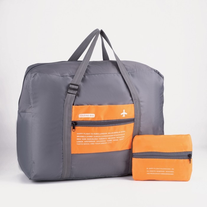 Сумка дорожная на молнии, складная в косметичку, наружный карман, держатель для чемодана, цвет серый/оранжевый Сумка дорожная на молнии, складная в косметичку, наружный карман, держатель для чемодана, цвет серый/оранжевый