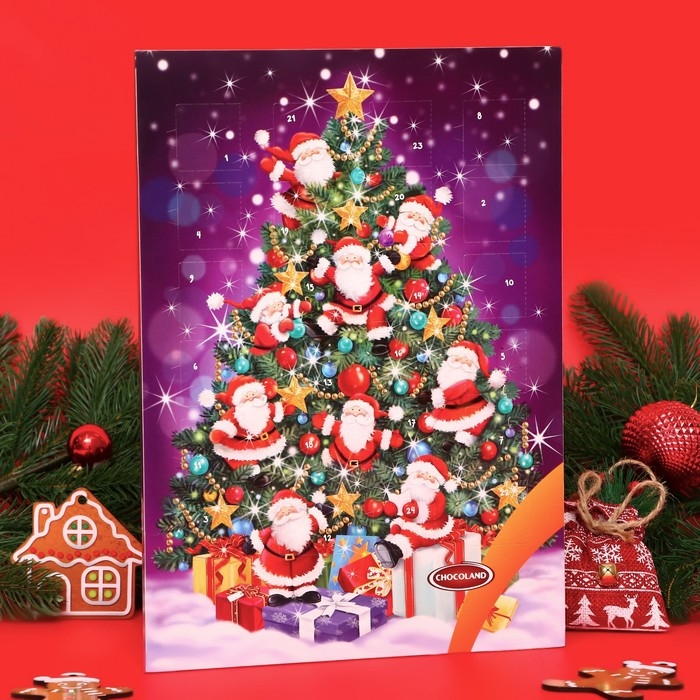 Новый год. Адвент-календарь с мини-плитками из молочного шоколада "Санта на ёлке", 50 г