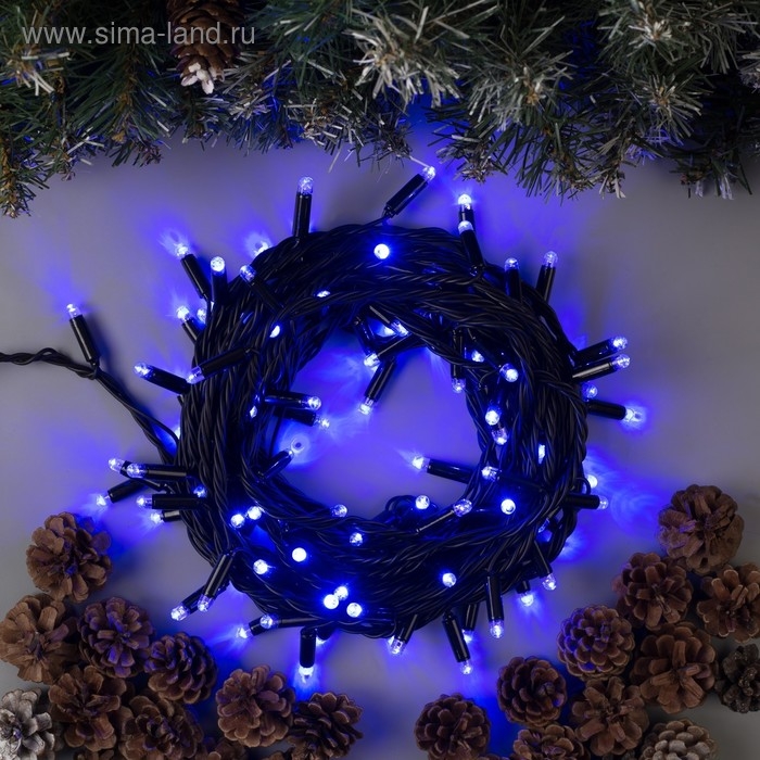 Гирлянда &laquo;Нить&raquo; 10 м, IP65, УМС, тёмная нить, 100 LED, свечение синее, мерцание белым, 220 В