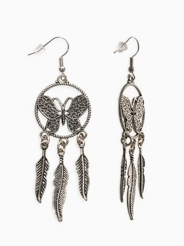 Серьги метал "Аутентичность" бабочка с перьями, цвет чернёное серебро