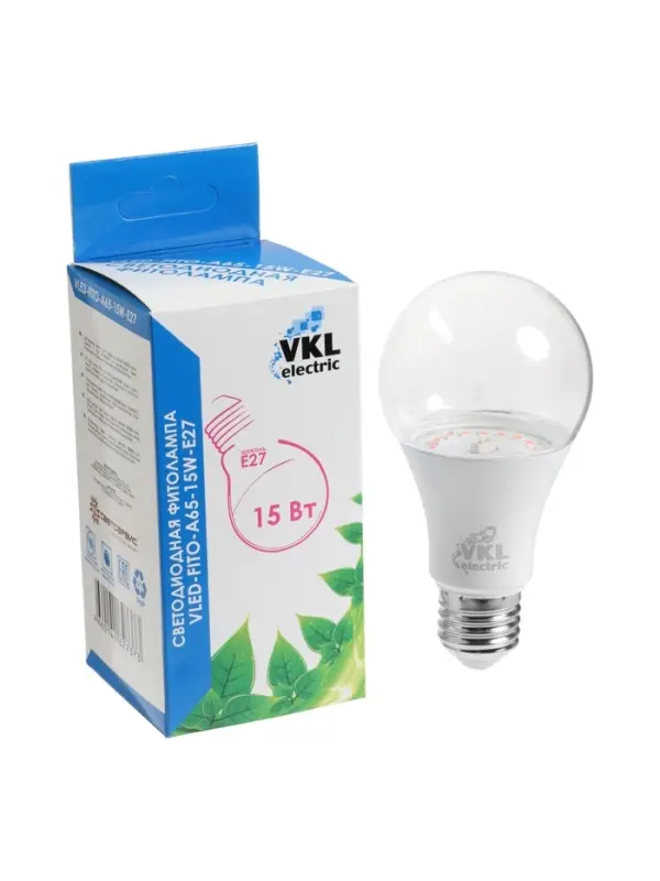 Фитолампа для растений VKL electric, A65, 15 Вт, E27, IP20, красно-синий спектр