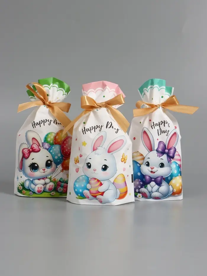 Пакет  полиэтиленовый подарочный "Заяц с цветами", с завязками, 15х23&plusmn;1 см