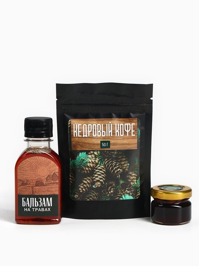 Набор &laquo;Здоровья и благополучия&raquo;: кедровый орех в сосновом сиропе 25 г., бальзам 100 мл., кедрокофе 50 г.