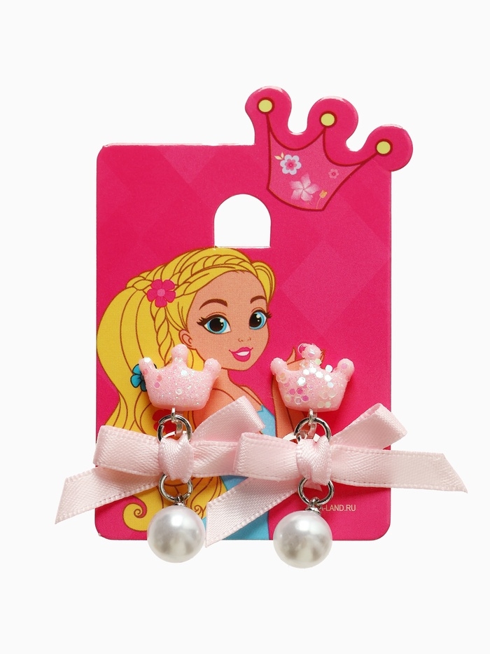 Серьги-клипсы детские "Выбражулька" корона с бантом и жемчужиной, цвет розово-белый