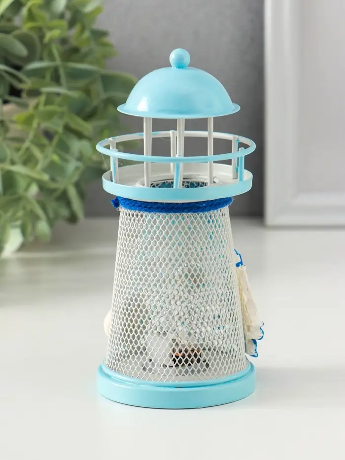 Сувенир настольный "Маяк с корабликом" сетка, голубой, 3хLR1130, RGB, LED 7,5х7,5х18 см