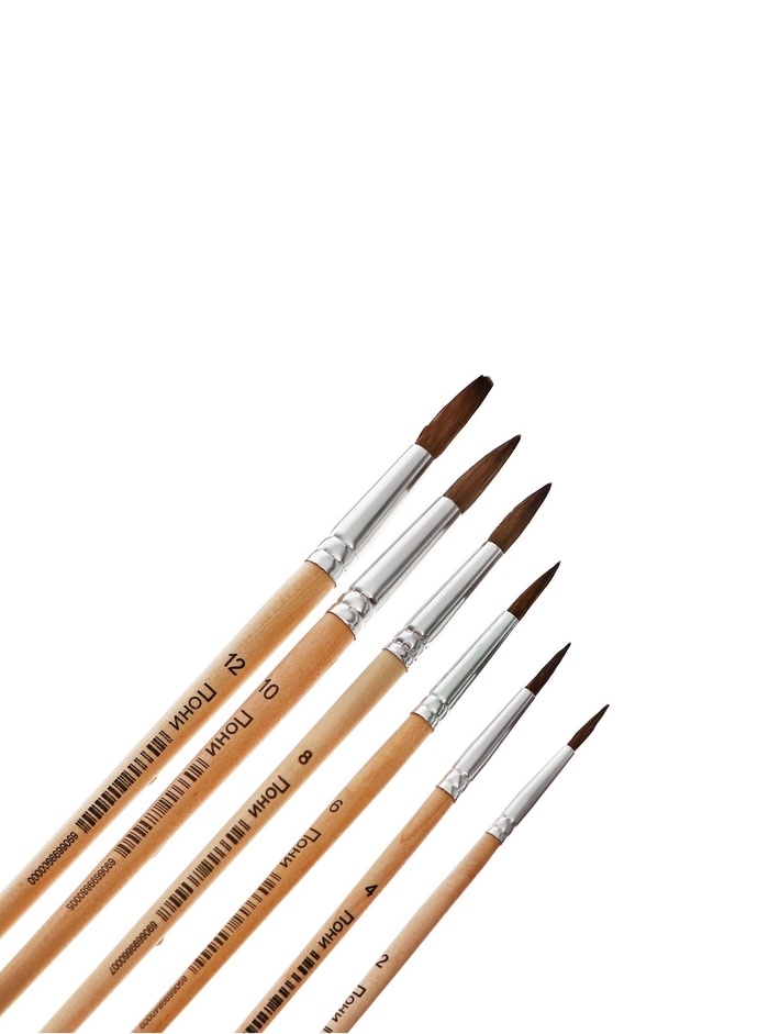 Набор кистей пони 6 штук (круглые:№ 2, 4, 6, 8, 10, 12), с деревянными ручками, на блистере