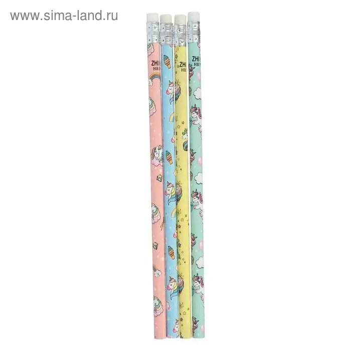 Карандаш чернографитный с ластиком &laquo;Единороги&raquo;, твердость НВ, корпус круглый, МИКС (штрихкод на штуке)