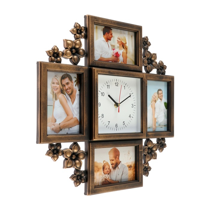 Часы настенные интерьерные, фоторамка - коллаж Часы настенные интерьерные, фоторамка - коллаж "Цветы", бесшумные, 42 х 42 см, 14 х 14 см