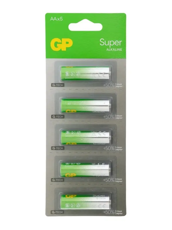 Батарейка алкалиновая GP Super, AA, LR6-5BL, 1.5 В, технология G-Tech, блистер, 5 шт.