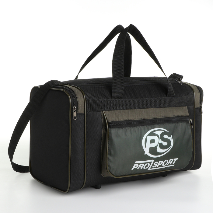 Сумка спортивная мужская на молнии, 3 наружных кармана, средний размер, цвет чёрный/зелёный