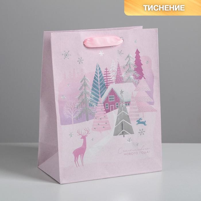 Пакет подарочный новогодний крафтовый вертикальный &laquo;Домик на опушке&raquo;, MS 18 х 23 х 10 см, Новый год