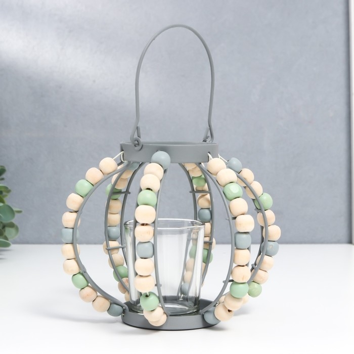 Подсвечник металл, стекло на 1 свечу "Фонарь. Бохо" серый 19х15,5х13 см