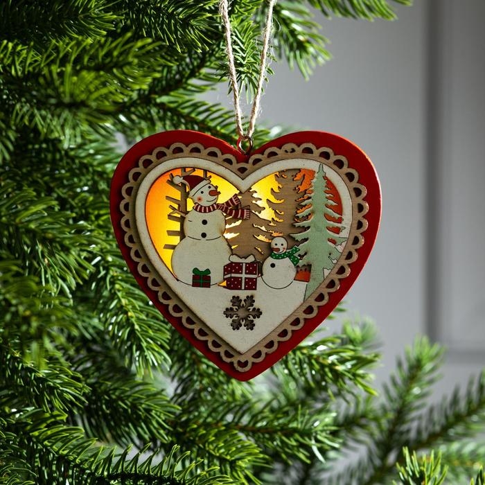 Ёлочная игрушка &laquo;Красное сердце со снеговиком&raquo;, от батареек, свечение тёплое белое