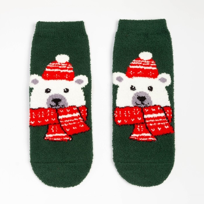 Носки махровые женские &laquo;Медведь в шапке&raquo;, цвет тёмно-зелёный, размер 36-40