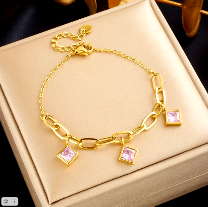 Женский браслет DIEYURO из нержавеющей стали 316L, с шармами и цепочками розовый Женский браслет DIEYURO из нержавеющей стали 316L, с шармами и цепочками розовый